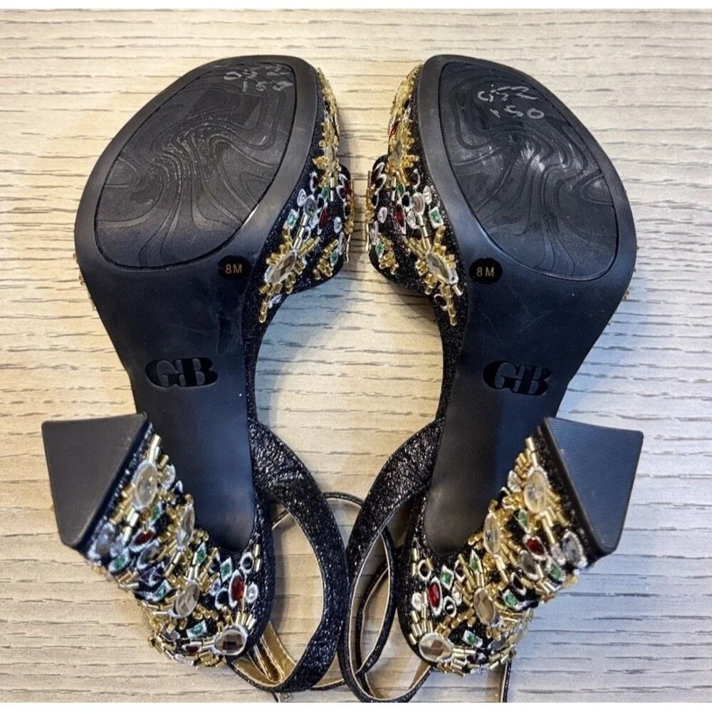 GIANNI BINI Black Gold Embellished Platform Heels Glam Party. Sizes 6.5 , 7 , 8